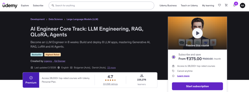 4. LLM Engineering: Master AI, LLMs and Agents (Udemy)