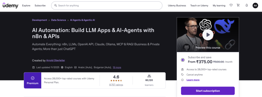 6. AI Automation with n8n: Build LLM Apps and AI Agents (Udemy)