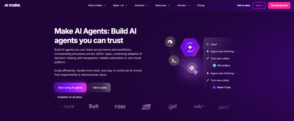 9. Make.com: AI Agents That Automate Your Workflows Without a Single Line of Code