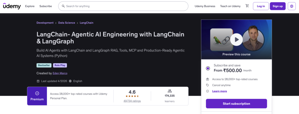 5. LangChain: Develop AI Agents with LangChain and LangGraph — Eden Marco (Udemy)