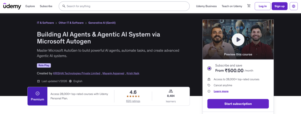 10. Building AI Agents and Agentic AI Systems via Microsoft AutoGen (Udemy)