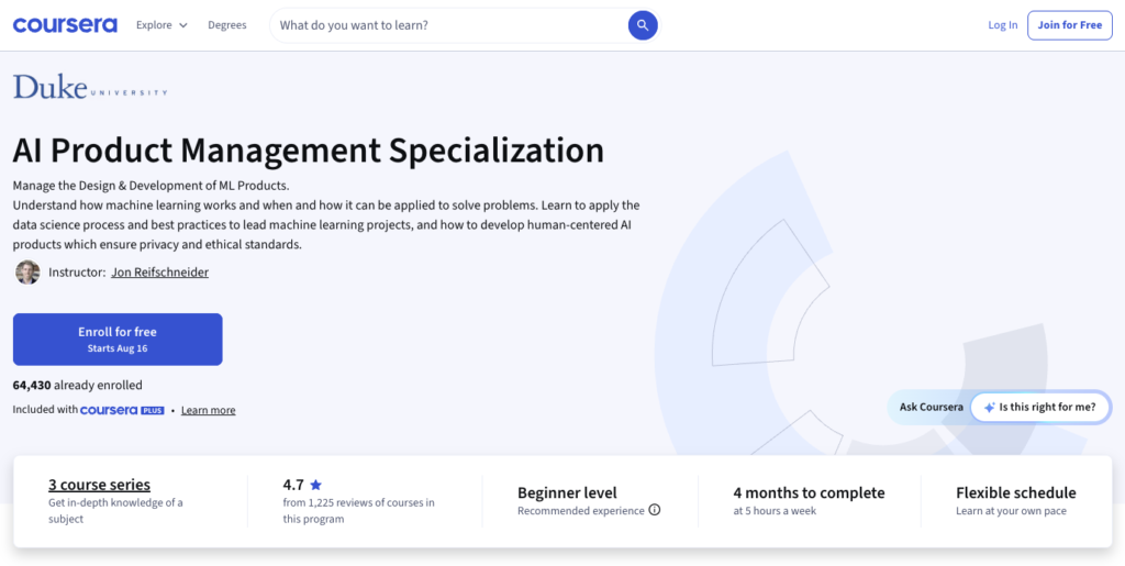 2. Duke University AI Product Management Specialization