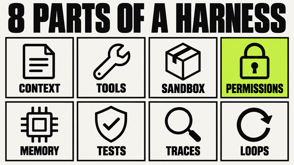 Components of an agent harness: context, tools, sandbox, permissions, memory, tests, traces, and loops