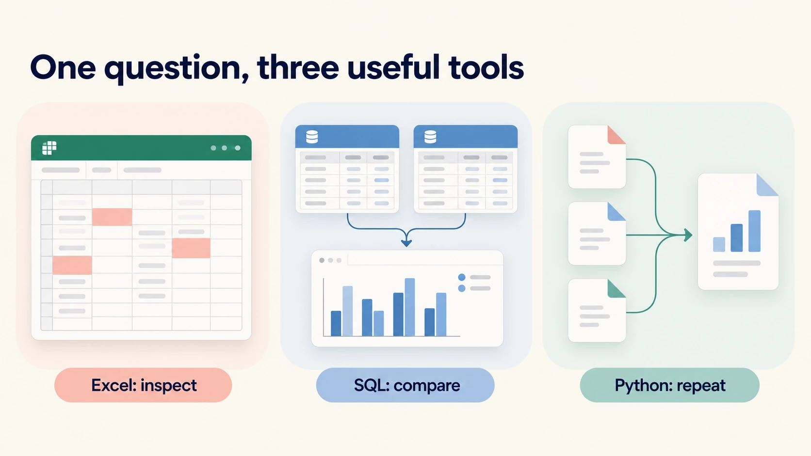 Excel SQL Python workflow: inspect records, compare categories, and repeat validated calculations