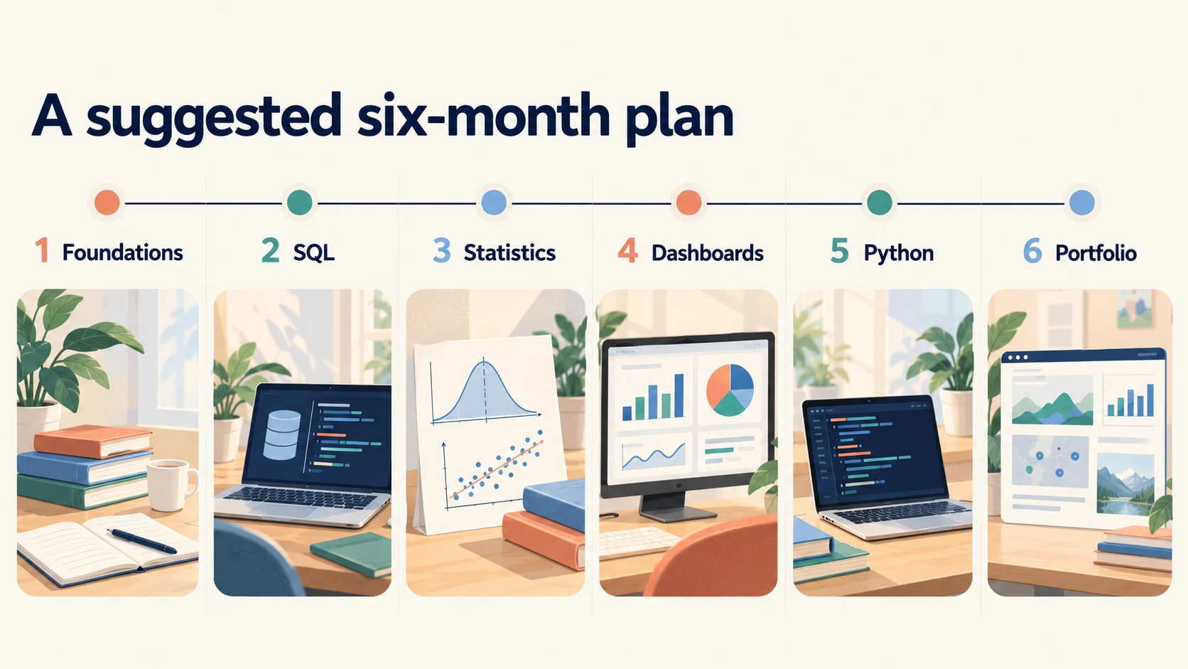 Six-month data analyst study plan: foundations, SQL, statistics, dashboards, Python, and portfolio